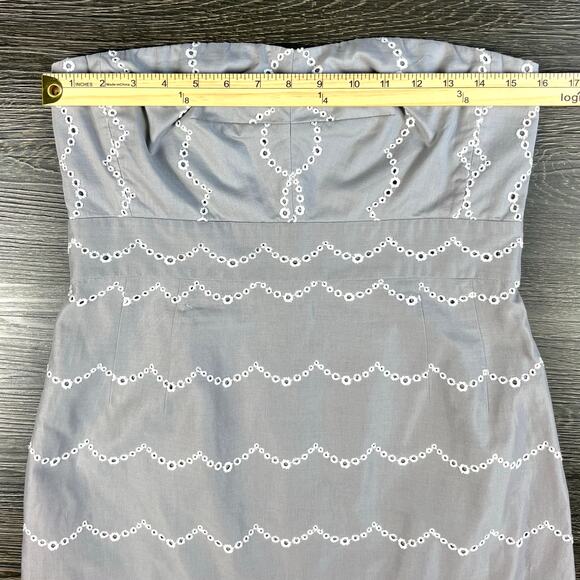 J. Crew Embroidered Gray/White Eyelet Dress Scalloped Strapless 100% Cotton - Picture 9 of 12